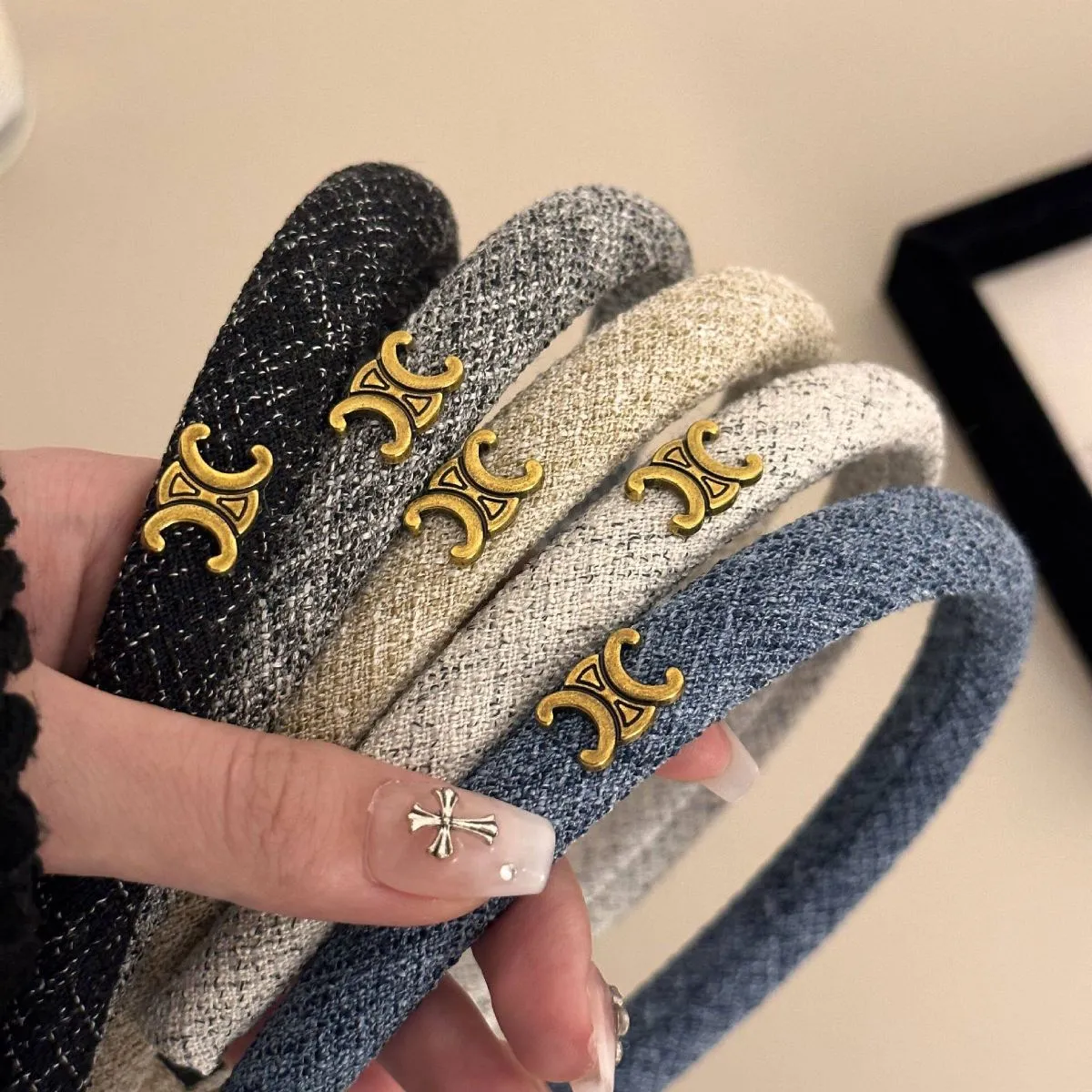 French Tweed Narrow Headband for Women – Winter Crown-Lifting Hair Hoop, Premium Elegant Slim Hair Accessory with Chanel-Inspired Chic Style